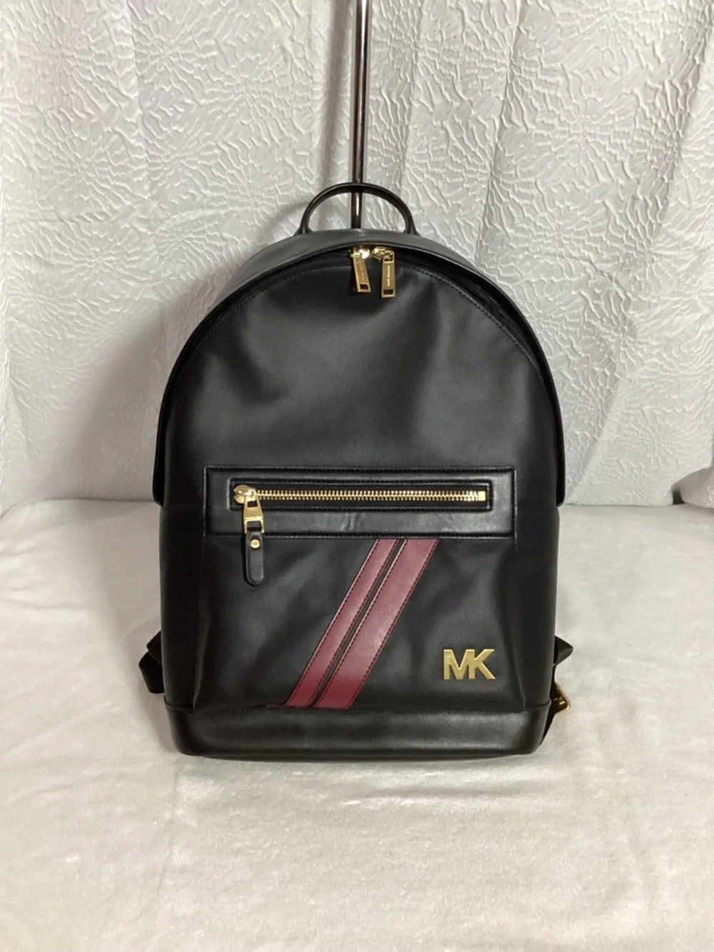 Michael Kors Hudson Commuter Logo Stripe Black Leather Trim Unisex Backpack READ